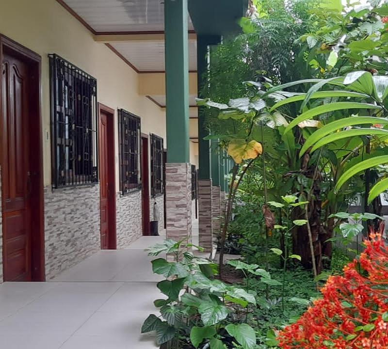 Patio del hotel y zona de acceso en Puerto Nariño